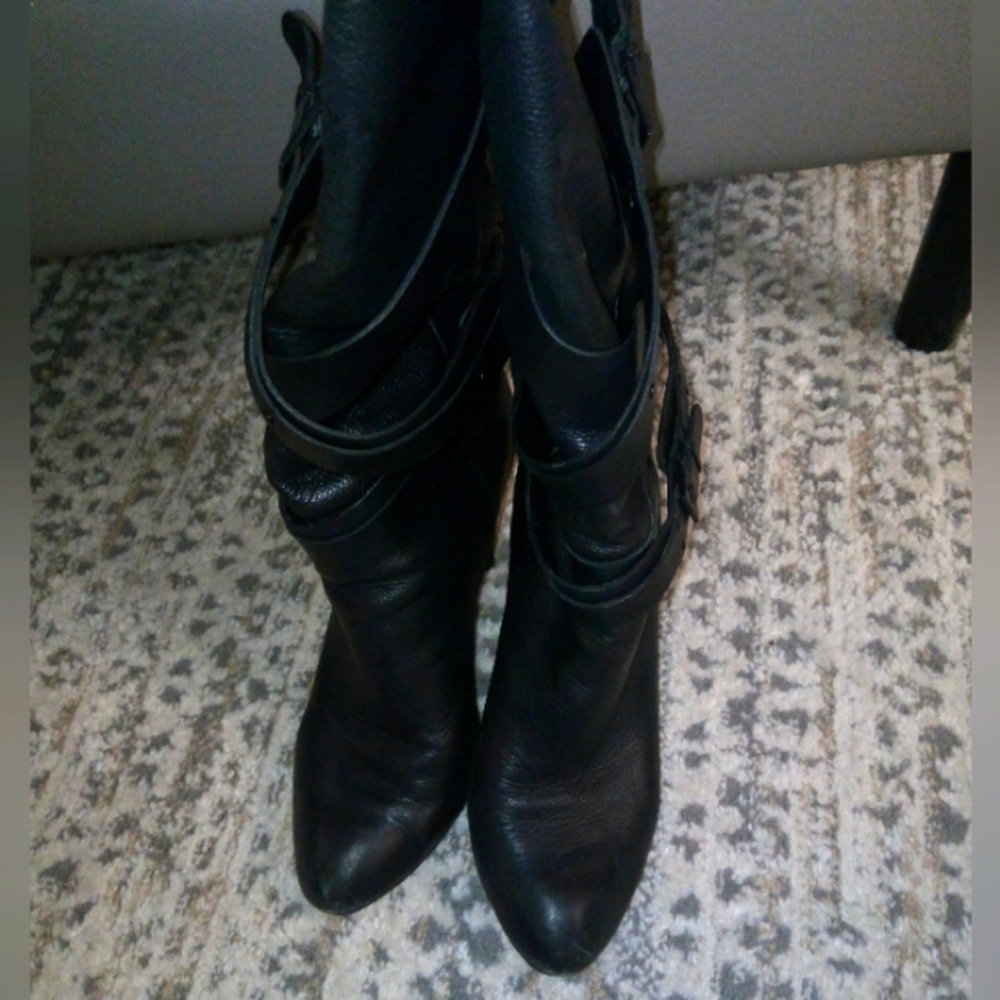 Moto Chic Rosegold Strappy Italian Leather Knee High Boot in Black Sz 10 - Picture 6 of 10